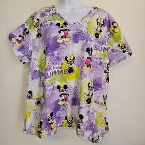 Disney Mickey and Minnie‎ Mouse Lavender Scrub Top Size 2XL Two Pockets Women's